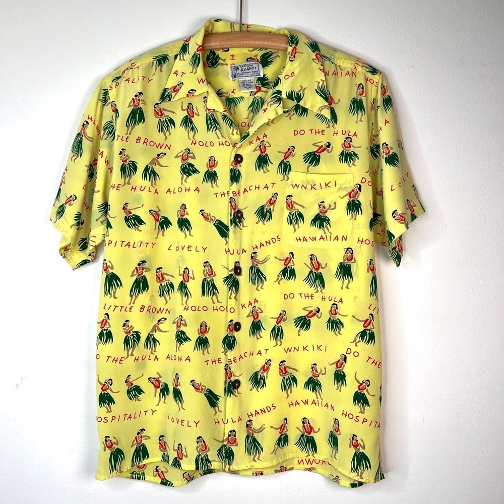 Vintage Hawaiian Silk Shirt Avanti Size Small Aloha Hula Dancers Print‎ Bold